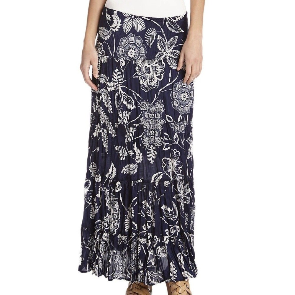 Karen Kane Maxi Skirt Womens XL Navy White Floral Palm Print Tiered Silky